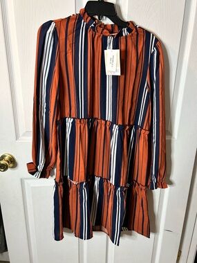 NWT Annabella Navy, Rust & White Striped Tiered Dress